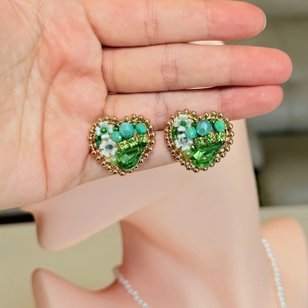 Gold-Trim Green Heart Cluster Stud Earrings